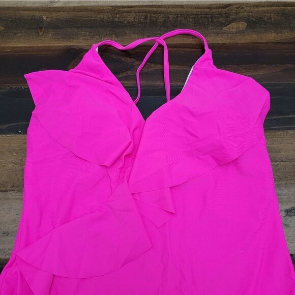 One Piece Swimsuit Y2K Cross Back Adjustable Fiusha Pink Neon V Neck Size L - Picture 3 of 8
